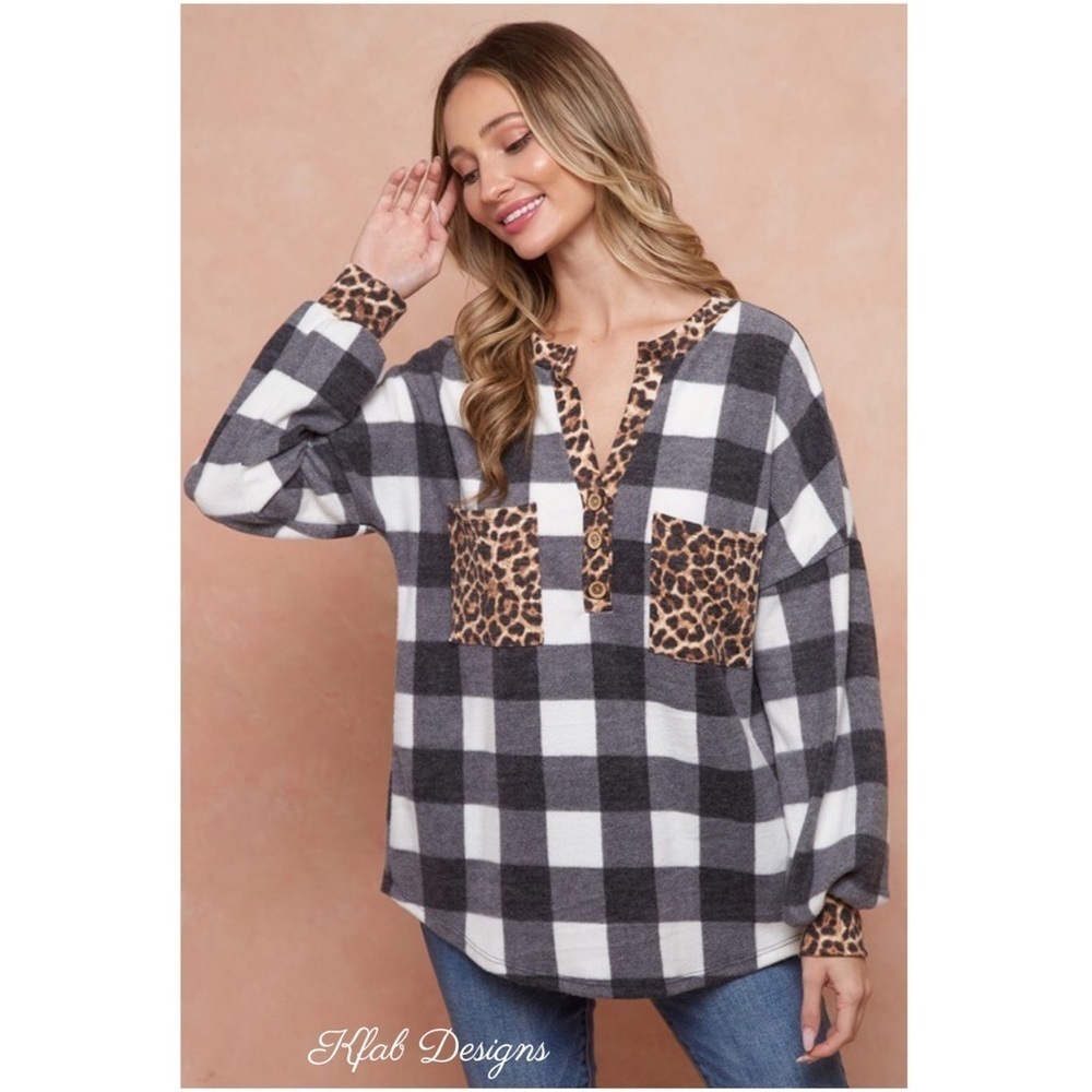 LAST 1! SO SOFT Plaid/ Leopard Contrast Henley with Pocket! - Picture 2 of 7